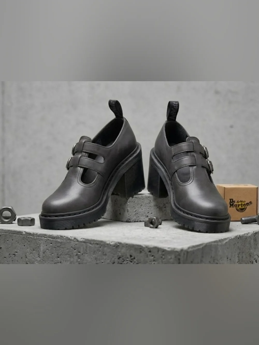 Dr. Martens 8065 Double Strap Heeled Mary Janes - Dark Grey Leather Size 9